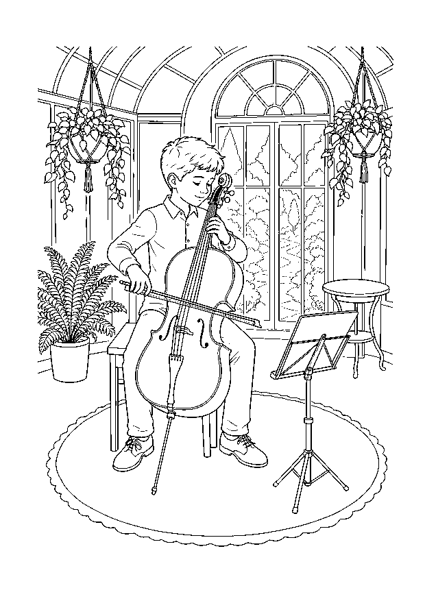 Cellist im Wintergarten: Ein Cellist spielt zwischen Rundfenster, Hängepflanzen, Hocker und Notenständer.