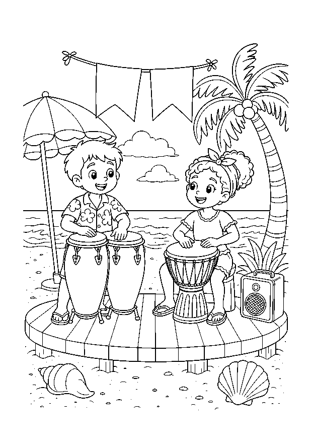 Trommelduo am Strand: Zwei Kinder spielen Congas und Djembe auf einer kleinen Strandbühne mit Lautsprecher und Palmen.