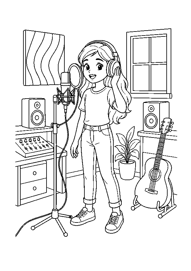 Sängerin im Homestudio: Eine junge Sängerin nimmt zwischen Mikrofon, Mischpult, Lautsprechern und Gitarre einen Song auf.