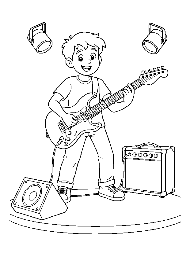 Junger Gitarrist auf der Bühne: Ein junger Gitarrist spielt auf einer kleinen Bühne eine E-Gitarre.