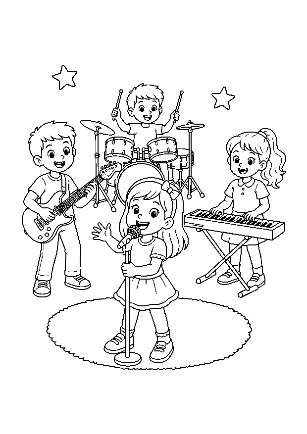 Kinderband bei der Probe: Vier Kinder proben gemeinsam mit Gesang, Gitarre, Keyboard und Schlagzeug.