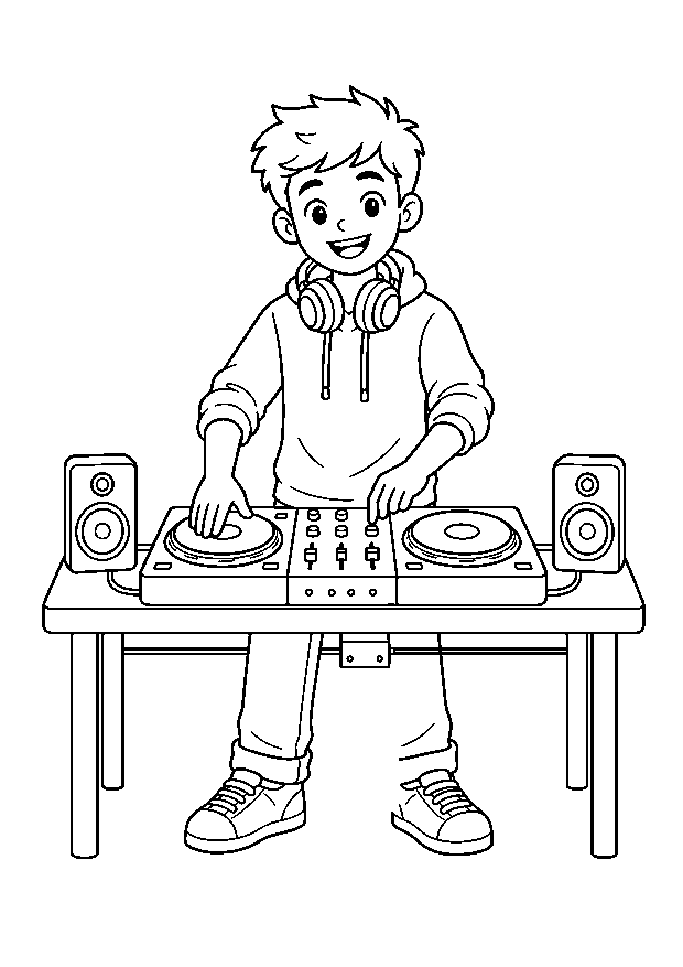DJ am Mischpult: Ein junger DJ legt an einem kompakten Mischpult mit zwei Plattentellern auf.