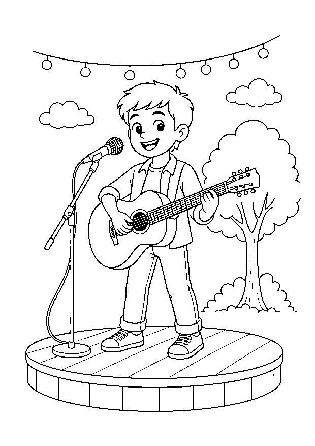 Sänger mit Gitarre im Park: Ein junger Sänger spielt bei einem kleinen Open-Air-Auftritt Akustikgitarre.
