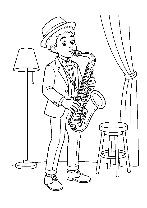 Jazzmusiker mit Saxofon: Ein junger Jazzmusiker spielt ein Saxofon neben einer kleinen Cafébühne.