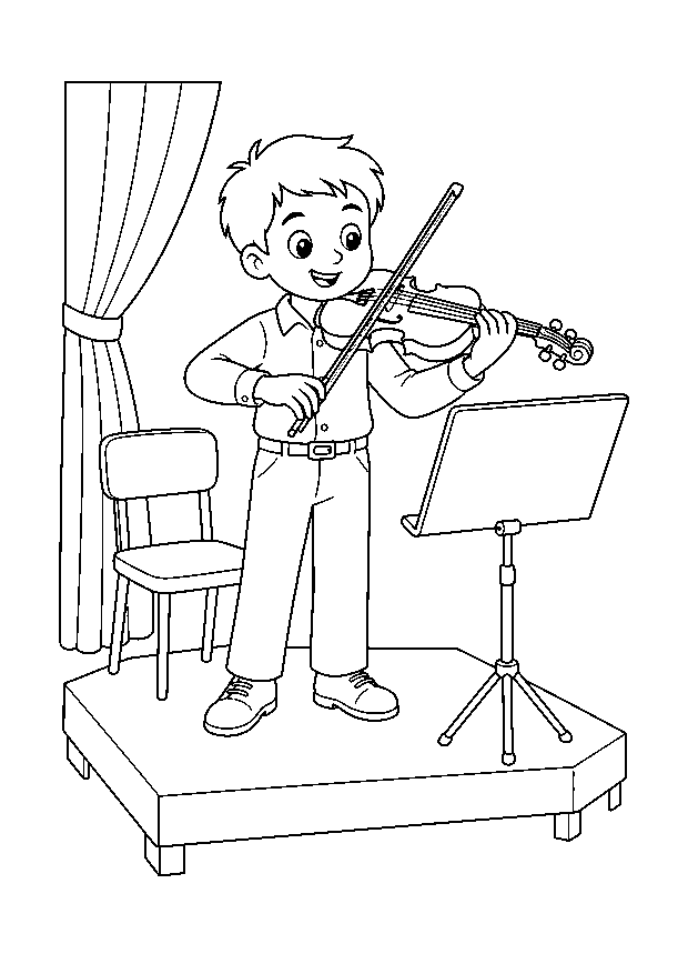 Kind spielt Geige: Ein Kind übt mit Geige und Bogen auf einer kleinen Orchesterbühne.