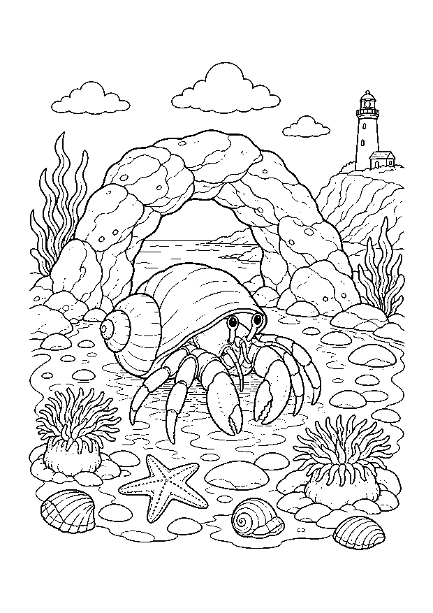 Einsiedlerkrebs am Felsbogen: Ein Einsiedlerkrebs erkundet zwischen Anemonen, Seestern und Muscheln einen Felsbogen am Leuchtturm.