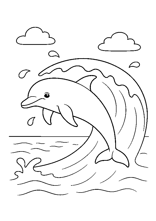 Delfin springt durch die Welle: Ein fröhlicher Delfin springt in einem hohen Bogen über eine breite Welle.