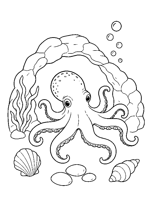 Oktopus in der Felsenhöhle: Ein Oktopus erkundet mit acht klaren Armen eine kleine Höhle im Gezeitenbecken.