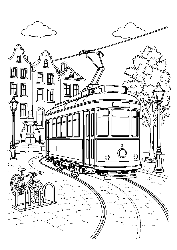 Straßenbahn auf dem Stadtplatz: Eine historische Straßenbahn folgt dem gebogenen Gleis durch einen Platz mit Brunnen, Laternen und Fahrrädern.