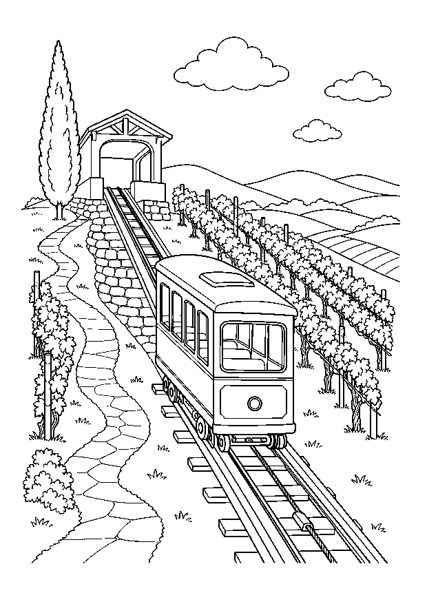 Standseilbahn im Weinberg: Eine Standseilbahn fährt zwischen Reben, Steinmauer und Fußweg hinauf zur Bergstation.