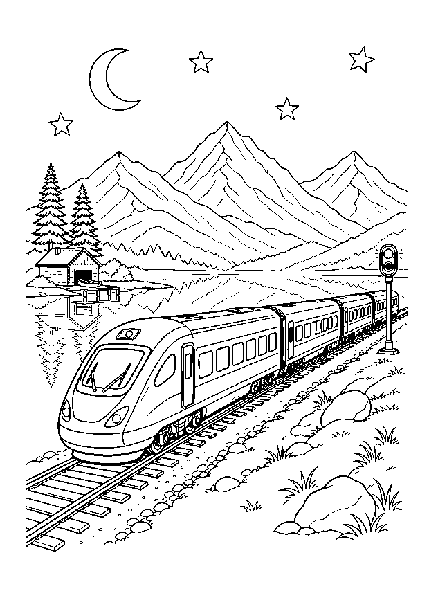 Nachtzug durch die Berge: Ein moderner Schnellzug fährt bei Mond und Sternen an einem Bergsee und kleinen Bahnhof vorbei.