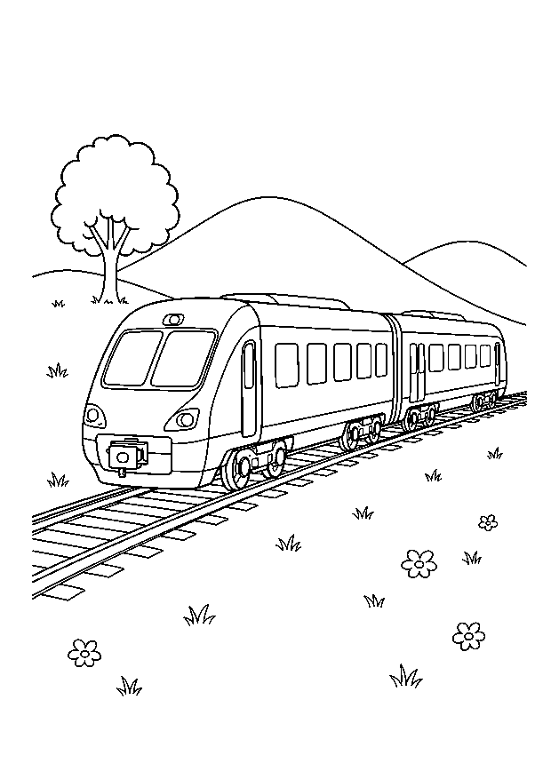 Regionalzug durch die Wiesen: Ein moderner zweiteiliger Regionalzug fährt an Wiesen, Hügeln und einem Baum vorbei.
