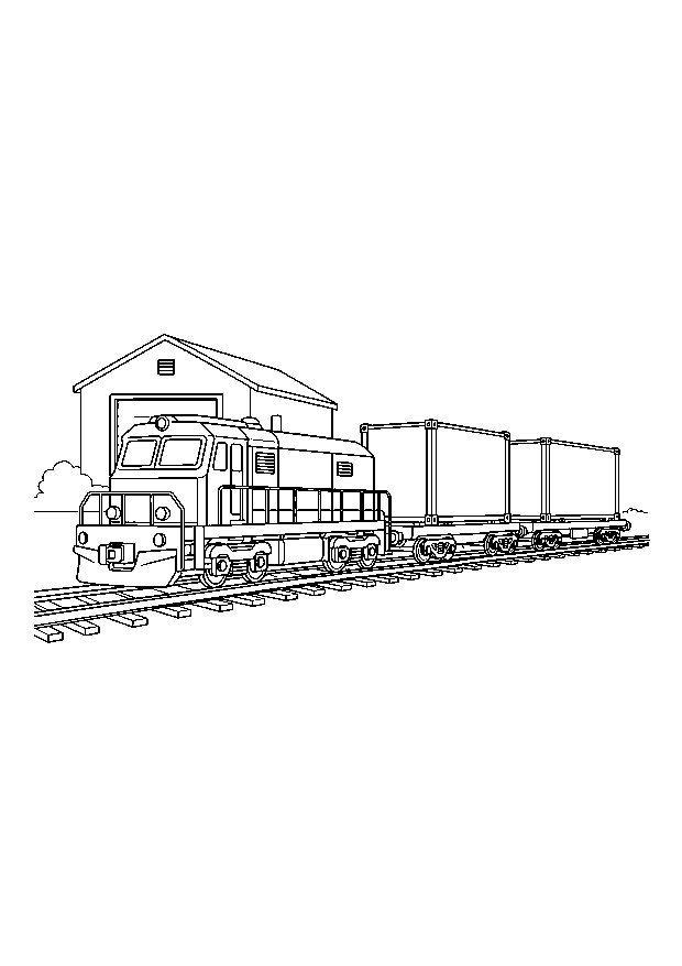 Güterzug mit zwei Containern: Eine Diesellok zieht zwei Containerwagen an einem Lagerhaus vorbei.
