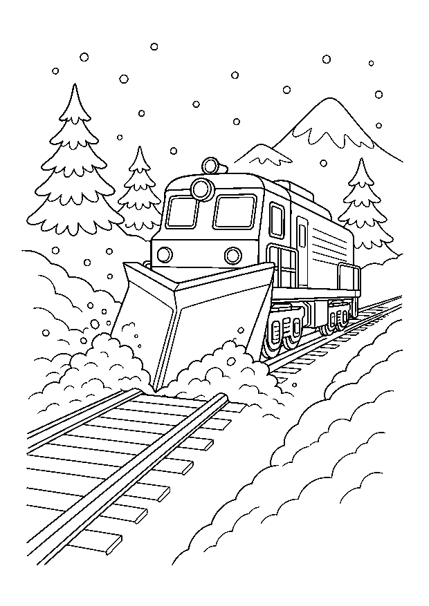 Schneepflug räumt die Winterstrecke: Ein kräftiger Schneepflugzug schiebt Schnee von einem geraden Berggleis.