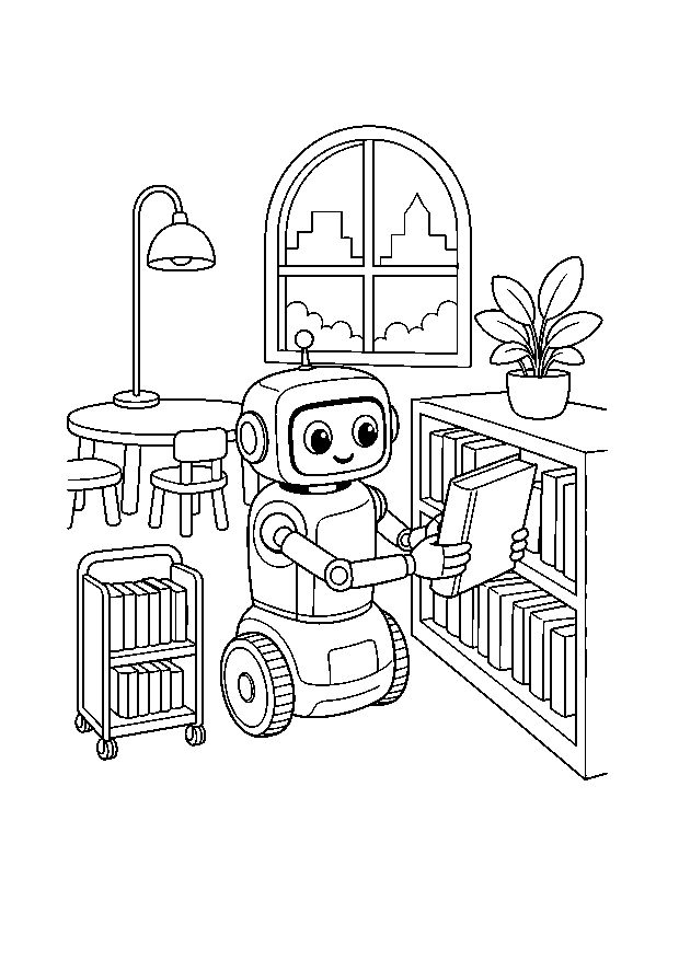 Bibliotheksroboter sortiert Bücher: Ein freundlicher Roboter stellt zwischen Bücherwagen, Lesetisch und Regal ein Buch zurück.