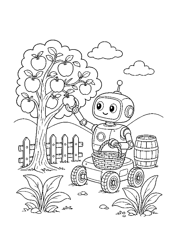 Ernteroboter im Apfelgarten: Ein rollender Ernteroboter pflückt Äpfel und sammelt sie zwischen Baum, Korb und Gartenzaun.