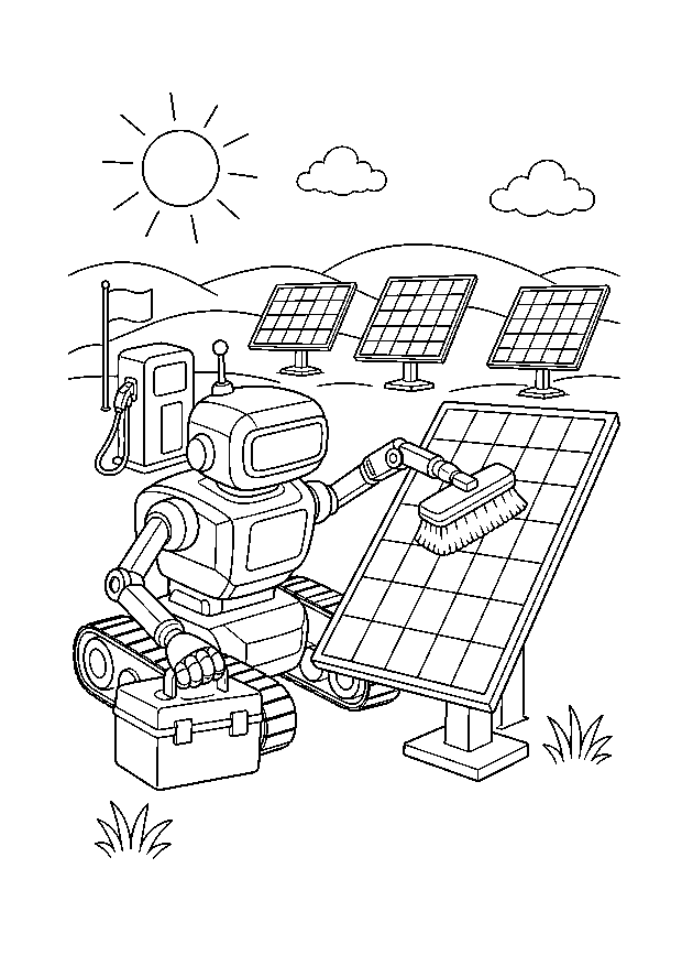 Roboter reinigt Solarmodule: Ein Wartungsroboter bürstet ein Solarmodul auf einem offenen Feld mit Werkzeugkoffer und Stromkasten.