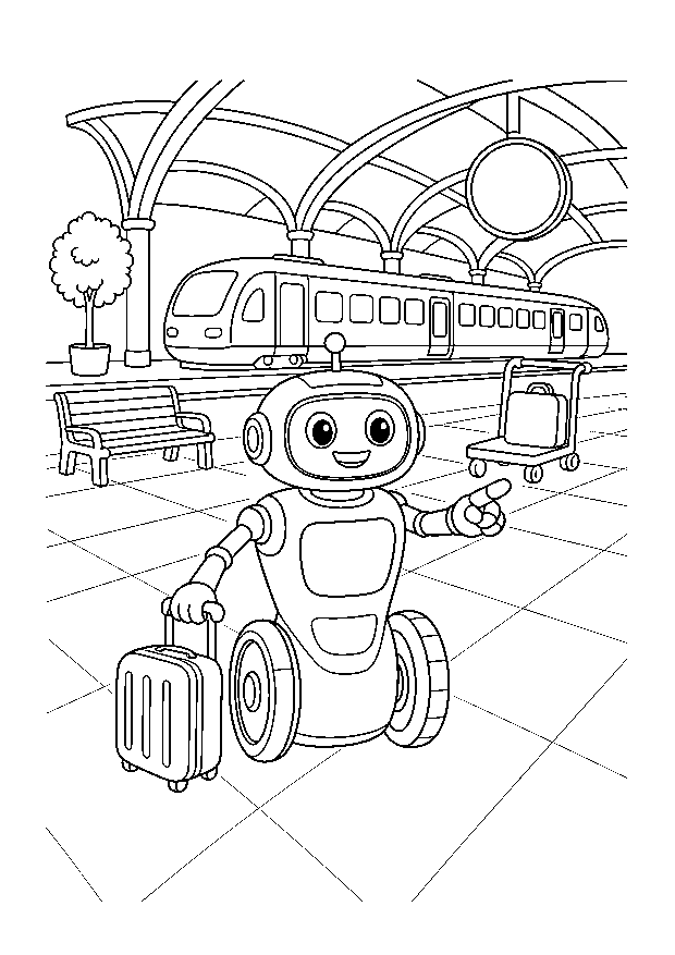 Reiseroboter am Bahnhof: Ein hilfsbereiter Roboter begleitet einen Koffer auf dem Bahnsteig, während ein Zug wartet.