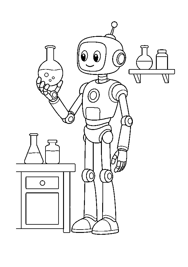 Laborroboter mit Rundkolben: Ein schlanker Forschungsroboter untersucht einen Rundkolben in einem übersichtlichen Labor.