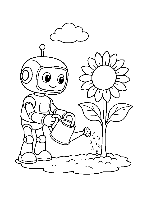 Gartenroboter gießt eine Sonnenblume: Ein kompakter Gartenroboter gießt eine große Sonnenblume mit viel Platz zum Ausmalen.