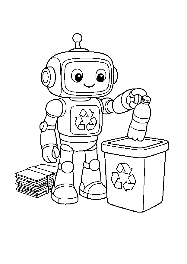 Recyclingroboter sortiert eine Flasche: Ein stabiler Recyclingroboter legt eine Flasche in den passenden Behälter.