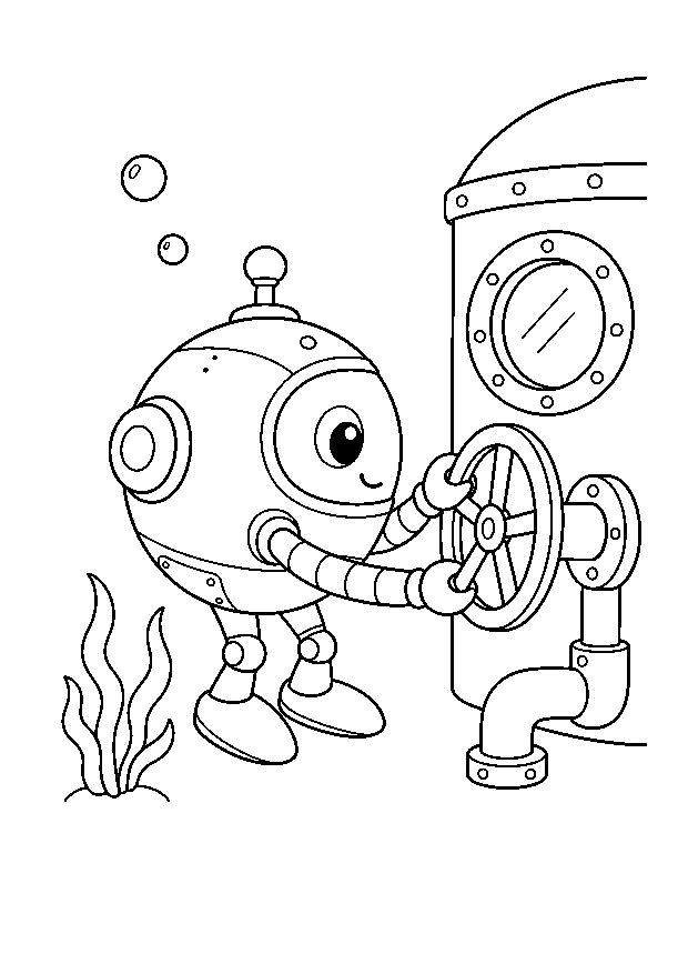 Unterwasserroboter am Ventil: Ein runder Wartungsroboter dreht an einem Ventil der Unterwasserstation.
