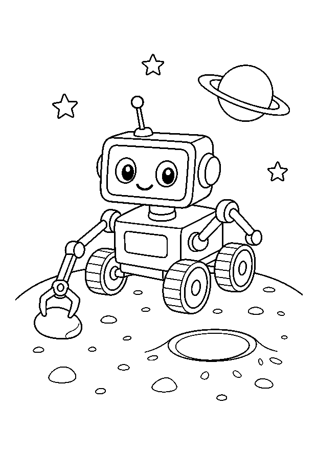 Mondrover sammelt einen Stein: Ein freundlicher Rover sammelt auf dem Mond einen Stein mit seinem Greifarm.