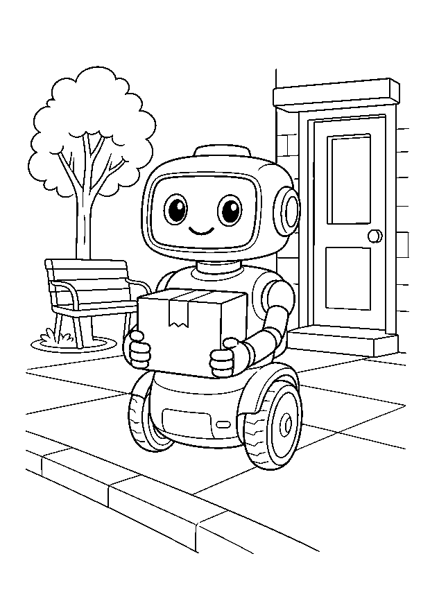 Lieferroboter in der Stadt: Ein freundlicher Lieferroboter bringt ein Paket über einen ruhigen Gehweg.
