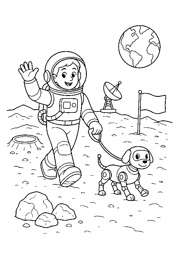 Spaziergang mit dem Roboterhund: Eine Astronautin führt einen Roboterhund zwischen Mondkratern, Antenne und Flagge spazieren.