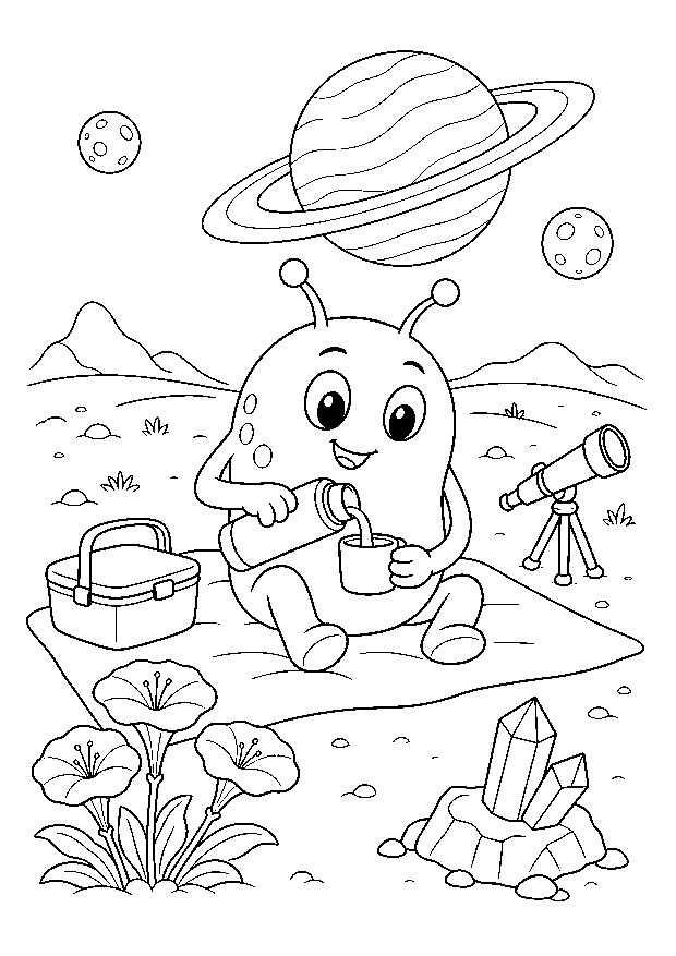 Picknick auf dem Ringplaneten: Ein freundliches Alien gießt bei einem Picknick ein Getränk zwischen Blumen, Kristallen und Teleskop ein.