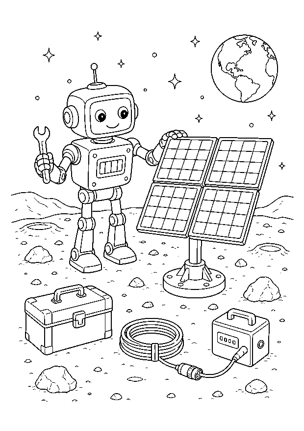 Roboter baut eine Solaranlage: Ein Bauroboter montiert vier Solarpaneele neben Werkzeugkiste, Kabel und Energiespeicher.