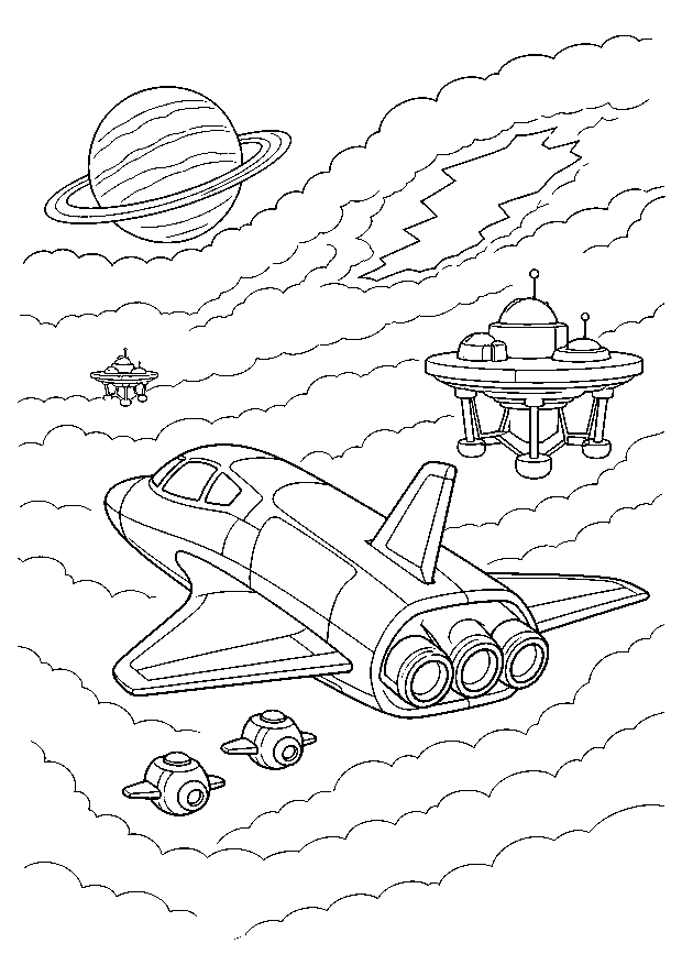 Shuttle über dem Wolkenplaneten: Ein Raumshuttle fliegt mit zwei kleinen Begleitdrohnen zwischen Wolkenplattformen und Ringplanet.