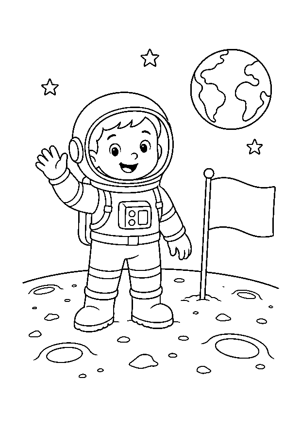 Astronaut winkt vom Mond: Ein freundlicher Astronaut winkt neben einer leeren Flagge auf der Mondoberfläche.