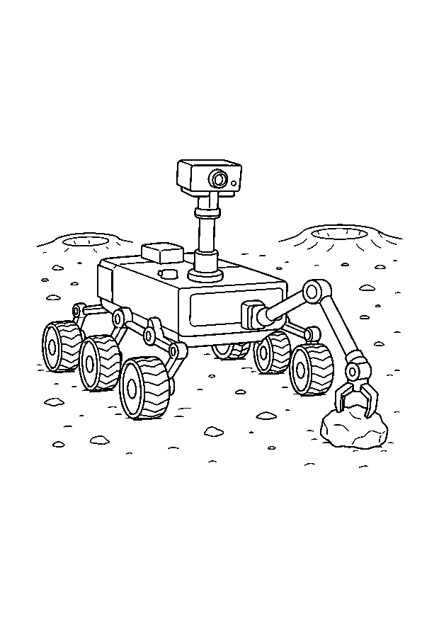Marsrover sammelt einen Stein: Ein sechsrädriger Rover hebt mit seinem Greifarm einen Marsstein auf.