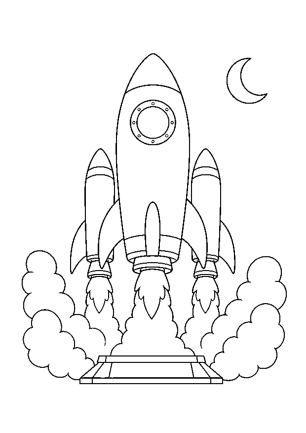 Raketenstart am Raumhafen: Eine große Rakete hebt mit zwei klaren Rauchwolken von der Startrampe ab.
