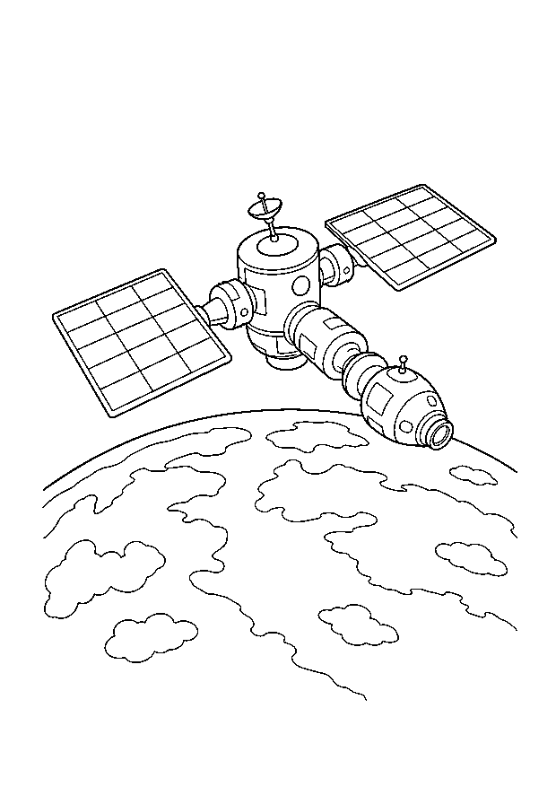 Raumstation über der Erde: Eine modulare Raumstation mit geraden Solarpaneelen umkreist die Erde.