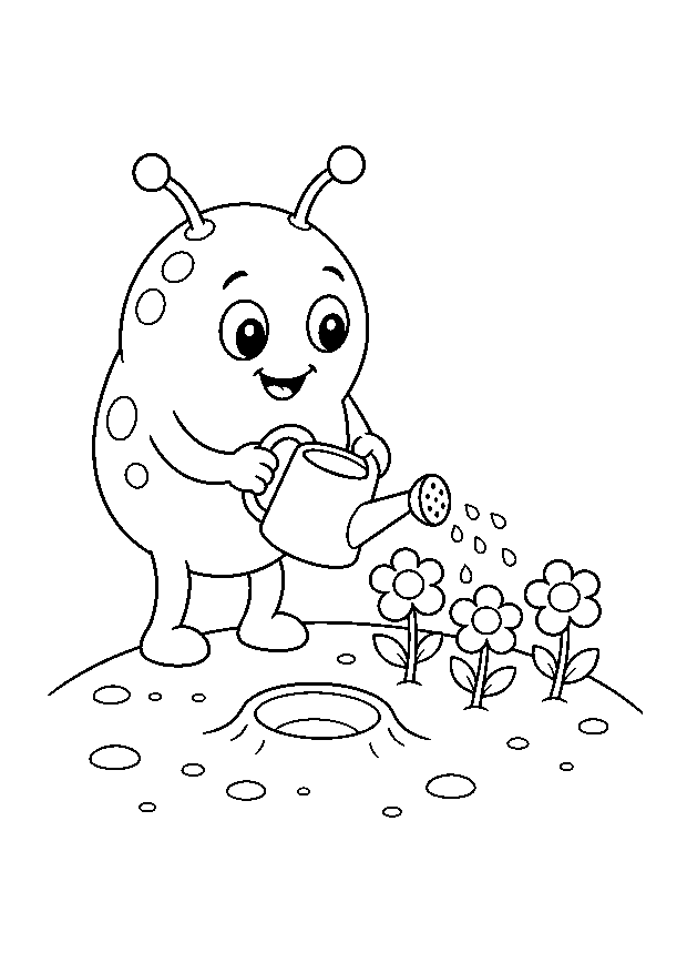 Alien gießt Mondblumen: Ein freundliches Alien gießt drei große Blumen in einem kleinen Mondgarten.