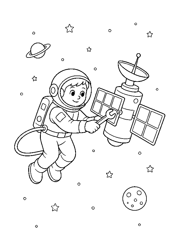 Satellit wird repariert: Ein Astronaut repariert mit einem Schraubenschlüssel einen Satelliten im All.