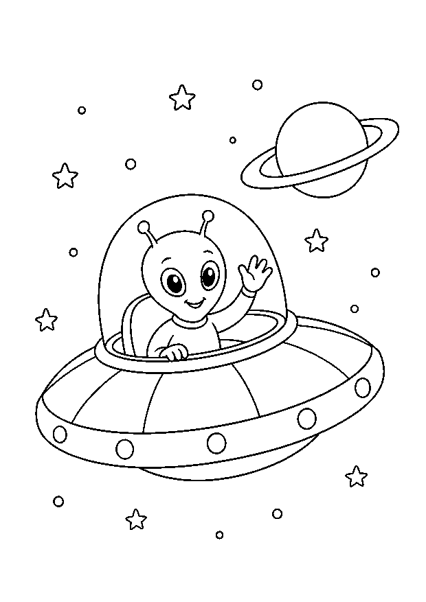 Alien fliegt am Ringplaneten vorbei: Ein Alien winkt aus einem kleinen Raumschiff vor einem Ringplaneten.