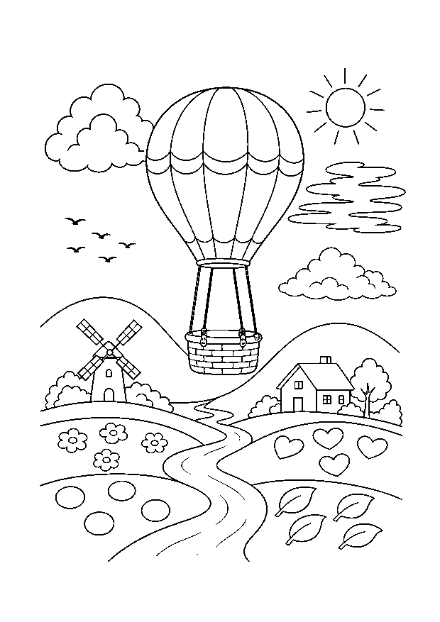 Heißluftballon über der Landschaft: Ein großer Heißluftballon fährt bei ruhigem Sonnenwetter über Felder, Fluss, Windmühle und Bauernhaus.