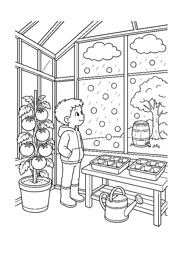 Hagelschauer am Gewächshaus: Ein Kind beobachtet sicher im Gewächshaus einen Hagelschauer zwischen Tomatenpflanze, Anzuchtschalen und Regentonne.