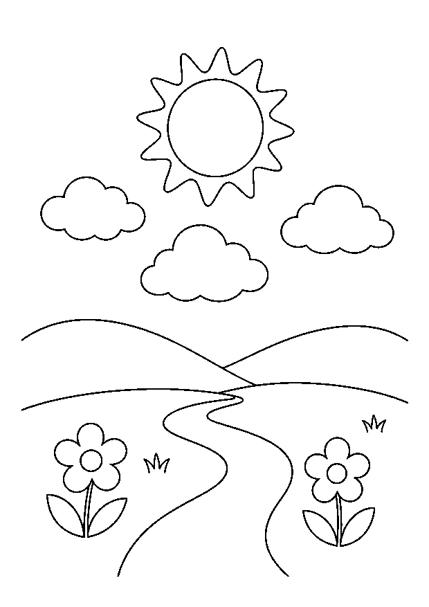 Sonne und Wolken Ausmalbild: Eine große Sonne scheint über Wolken, Hügeln und Blumen.