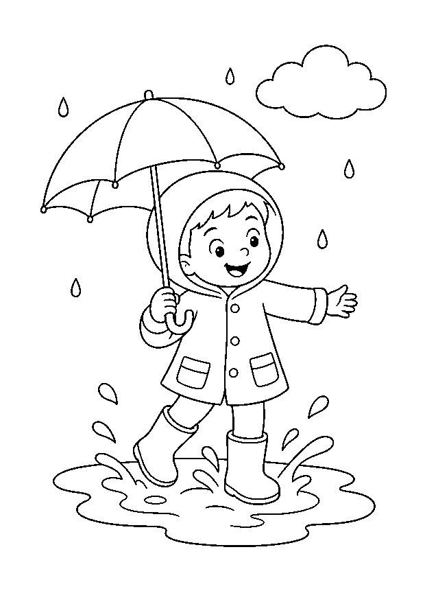Kind im Regen mit Gummistiefeln: Ein Kind springt mit Schirm und Gummistiefeln in eine Pfütze.