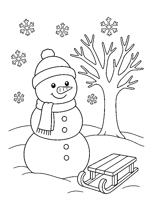 Schneemann im Winter Ausmalbild: Ein Schneemann steht neben Winterbaum und Schlitten im Schnee.