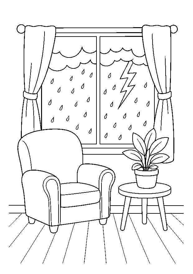 Gewitter sicher vom Fenster beobachten: Ein gemütliches Zimmer blickt auf Regen und einen fernen Blitz.