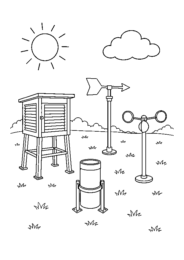 Wetterstation für Kinder: Messhütte, Regenmesser, Windfahne und Anemometer beobachten das Wetter.
